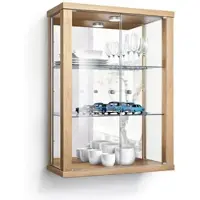 K-Möbel Vitrinekast hangend met 2 deuren, 2 in hoogte verstelbare glasplanken & spiegel - Vitrinekast met led verlichting - 80x60x25 cm - Beukenhoutkleur