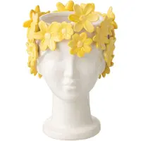 J-Line Bloempot Dame Bloemen Keramiek Wit/Geel – 24,5 cm