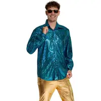 Partychimp Shiny Disco Shirt Turquoise voor Heren Carnavalskleding Foute Party Verkleedkleding Volwassenen Heren Toppers 2026 - Disco- Shiny- Polyester - XXL