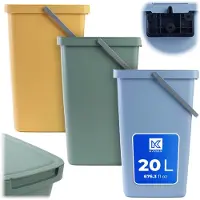 Kadax afvalbak 20L, set van 3, met deksel en handvat, kunststof afvalbak, prullenbak, afvalverzamelaar (groen, geel, blauw)
