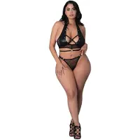 Male Power Sexy Nadia - Diamant Gaas Haltertop en Ring String met Ringen Klemmen en Studs - 2X lingerieset - Zwart