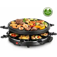 Blokker Raclettegrill - Gourmetset - 28cm diameter - 6 pannetjes - ILAG coating - Stalen grillplaat - 6 spatels - Antislip voetjes - 800W - RG-131523.1 Zwart