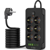 Tech-Protect Pc6X6 stekkerdoos met 3 USB-poorten, 3 Type-C-poorten en 6 stopcontacten, 200 cm, zwart