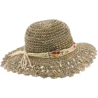 Herman Dameszonnehoed van zeegras en stro met geschulpte rand, raffia riem en kralen, maat S/55