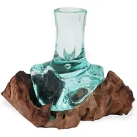 Ancient Wisdom Gesmolten glas op hout - kleine bloemenvaas op hout