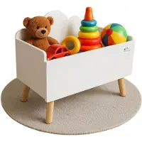 Coemo Speelgoedkist Wit Kinderkamer LILO 28x58x44 cm – Opbergdoos met wolkdesign, stevige MDF-constructie, houten poten, Scandinavisch design, afgeronde hoeken, gemakkelijk schoon te maken