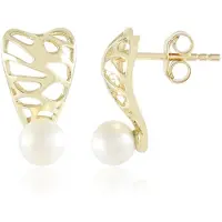 Cavill - 375 Geelgouden Oorbellen - 9K Geel Goud - 2 Witte Zoetwater Kweekparels 5mm - Elegante Pareloorbellen Dames - Moderne Bezel Setting 15mm