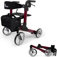 Parvum Luxo Rollator - Luxe dubbel opvouwbare rollator (6,8kg) - Incl. stokhouder, tas & rugleuning - Robijnrood, Small