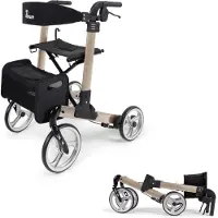 Parvum Luxo Rollator - Luxe dubbel opvouwbare rollator (7kg) - Incl. stokhouder, tas & rugleuning - Champagne, Large