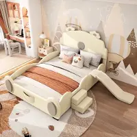 STILVORA Kinderbed 140x200 cm – Cartoon Berenbed Met Glijbaan En Trap – Links Of Rechts Te Monteren – Zonder matras – PU En MDF – Beige