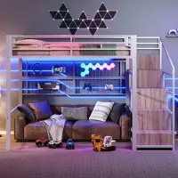 Merax Hoogslaper 140 x 200 cm - kast - opbergladder - hangnet - vrije ruimte onder het bed - met LED verlichting - zonder matras - wit
