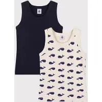 Petit Bateau Setje met 2 katoenen kinderhemdjes met walvisprint Jongens Onderhemd - Blauw + Beige/Blauw