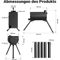 Wiltec partijoven, staal (Q235), robuuste campingoven, 85 x 57,5 x 238 cm, houtoven met rookafvoer Ø 6 cm x 40 cm, veilige afvoer van rookgassen voor verwarming van een tent
