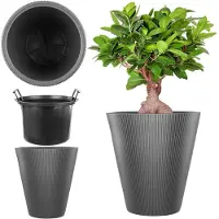 Kadax plantenbak Ø 29,5 x H 32,5 cm, moderne bloembak met binnenpot & geribbeld design, grote plantenpot van kunststof (antraciet)
