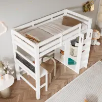 OKWISH Hoogslaper 90x200cm – Met Bureau En Dubbelzijdig Krijtbord – Open Kledingkast En Planken – Met Uitvalbeveiliging – Kinderkamer – Hout – Wit | Zonder matras