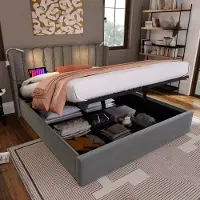 SINGULARITY -Gestoffeerd bed tweepersoonsbed leeslampje met hoofdbord opbergruimte bedframe fluweel jeugdbed 160x200 met lattenbodem- grijs zonder matras