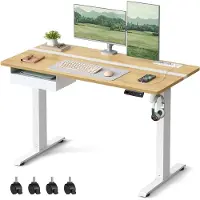 Vasagle In hoogte verstelbaar elektrisch bureau met stopcontact en lade, Eiken goud-wolk wit / 60 x 120 x (72-120) cm