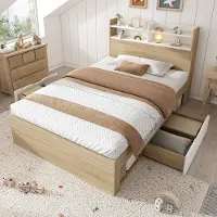 OKWISH Eenpersoonsbed 90x200cm – Bed Met Opbergvak In Hoofdbord – Met 2 Lades En Open Vakken – Zonder Matras – Hout – Wit Eiken