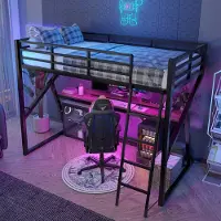 OKWISH Hoogslaper 90x200cm – Met Meer kleurige Led Verlichting – Met Bureau En Trap – Met Veiligheidshek – Zonder Matras – Metaal En MDF – Zwart