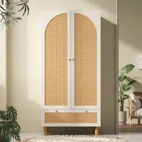 OKWISH Kledingkast Met 2 Deuren En Rattan Fronten Met Lade En Kledingroede Voor Slaapkamer En Hal Hout Wit 180,5×85,5×52 Cm