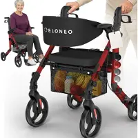 Aktiv shop GmbH 2-in-1 rolstoel en rollator – opvouwbaar, lichtgewicht met zitje, outdoor rollator voor alle terreinen, aluminium loophulp voor senioren met netzak, transportrolstoel, rood