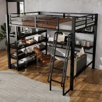 STILVORA Hoogslaper 140x200 cm – Met Planken En Oplaadaansluiting – Schuine Trap Met 4 Treden – Extra Ophangruimte – Metaal En Spaanplaat – Zonder Matras – Zwart