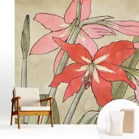 Wallfluent Behang - Dagbloem Muurbehang - 250x250 cm - Beige Behang - Voor liefhebbers van natuur en oosterse kunst - Behang Voor de woonkamer, slaapkamer en kantoor - Wandbekleding Bloemen en planten