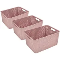 Discountershop Opbergmand 18L Kunststof Set van 3 – Opbergbox Rattan Roze – Opbergmand Kinderkamer en Opbergmand Badkamer – Keukenkast en Kledingkast Organizer – Opbergdoos 38x28x19 cm