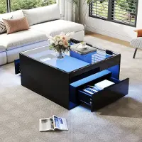 STILVORA Salontafel – Vierkant Met Ledverlichting En 2 Lades – Met Open Middenvak Voor Woonkamer – MDF;Glas – 70x70x35 Cm – Zwart