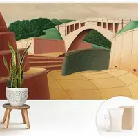 Wallfluent Behang - Vreedzaam landschap Muurbehang - 208x146 cm - Geel Behang - Voor liefhebbers van hedendaagse kunst - Behang Voor de woonkamer, slaapkamer en kantoor - Behangrol Architectuur