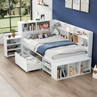 OKWISH Kinderbed 90x190 Cm – Eenpersoonsbed Met Lades En Planken – Met Opbergruimte – Zonder Matras – Multiplex – Wit