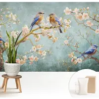 Wallfluent Behang - Lente vogels Vliesbehang - 208x146 cm - Blauw Behang - Voor natuurliefhebbers - Behang Voor de slaapkamer, woonkamer en kantoor - Behangrol Bloemen en planten