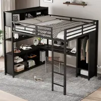 OKWISH Hoogslaper 140x200cm – Met Bureau En Dubbele Opbergruimte – Met Kledingkast En Ladder – Metalen En Houten Stijl – Zonder Matras – Zwart