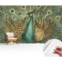 Wallfluent Zelfklevend Behang - Majestueuze pauw Stickerbehang op rol - 416x254 cm - Groente Zelfklevend Behang - Plakklare achterzijde - Voor de woonkamer, slaapkamer en kantoor Zelfklevend Behang