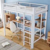 STILVORA Stapelbed 90x200 cm – Bovenbed Met Bureau En Planken – Vijftraps Ladder Met Leuningen – Valbeveiliging – Zonder matras – Metaal En Hout – Wit