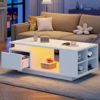 OKWISH Salontafel - Hoogglans Met Ledverlichting - Met Lade En 7 Opbergvakken - Voor Woonkamer - Spaanplaat Wit - 100x50x36 Cm