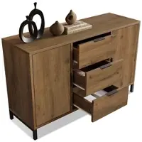 OKWISH Hoge kast met LED-verlichting en lades, keukenkast met opbergruimte en verstelbare planken, bar kast met lade, zwart + naturel