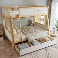 OKWISH Kinderstapelbed 90x200cm En 120x200cm – Met 3 Ladeblokken En 2 M Boekrek – Met Trap En Vierzijdige Bedrand – Zonder Matras – Hout En MDF – Wit Naturel