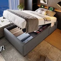 OKWISH Gestoffeerd Bed 90x190 cm - USB & Type-C Laadpoort - Hydraulische Opbergruimte - Katoen-Linnen - Grijs - Zonder matras