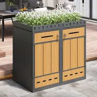 OKWISH Container Ombouw 120 240 L - Met Plantbak Deksel & Dubbel Afvalsysteem - Voor Tuin Terras Balkon - Staal - Grijs Hout