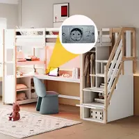 MODFU Hoogslaper 90x200 cm van massief hout en MDF – met bureau, kledingkast, LED en stopcontacten – wit/naturel