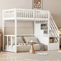 Merax Kinderbed - 90x200 cm hoogslaper - met veilige opbergladder - massief houten bedframe - wit - zonder matras