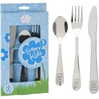 Excellent houseware Kinder Bestekset Beer - 2x - blauw doosje - kraamcadeau - 3-delig - zilver - RVS - bestek voor kinderen