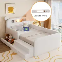 MODFU Kinderbed 90x200 cm – Wit kunstleer met beer-hoofdbord – Ingebouwd nachtlampje & USB – Opbergruimte