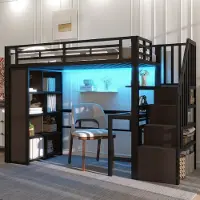 MODFU Hoogslaper 90x200 cm van metaal en MDF – met bureau, opbergrekken en LED-licht – zwart – voor thuiswerken