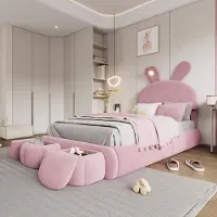 MODFU Gestoffeerd Kinderbed 90x200 cm – Met konijnenoren, LED & 2 opbergpoefs – Fluweel roze