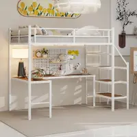 STILVORA Hoogslaper 90x200 cm – Met L Vormig Bureau En Opbergvakken – Trap Met Opbergruimte – Rondom Veiligheidshek – Voor Kinderkamer – IJzer – White | Zonder matras