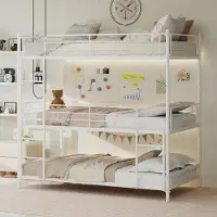 OKWISH Driepersoons Stapelbed – Met Ingebouwde Klimladders – Doorlopende Veiligheidshekken – Met Metalen Lattenbodem – Zonder Matras – Wit