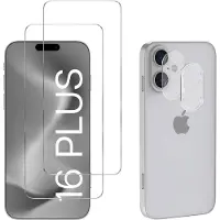 Phonillico Screenprotector geschikt voor iPhone 16 Plus - 2 stuks Beschermglas van glas Transparante glazen schermbeschermfolie + 2 stuks Camera Protector