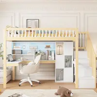 OKWISH Hoogslaper 90x200 cm – Met Led Verlichting – Met Opbergladder En Bureau – Met Planken En Vakken – Zonder Matras – Wit Natur